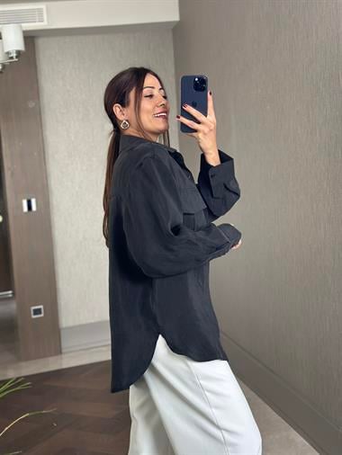 Antrasit Cepleri Kapaklı Uzun Kol Kadın Saten Gömlek