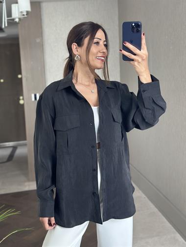 Antrasit Cepleri Kapaklı Uzun Kol Kadın Saten Gömlek