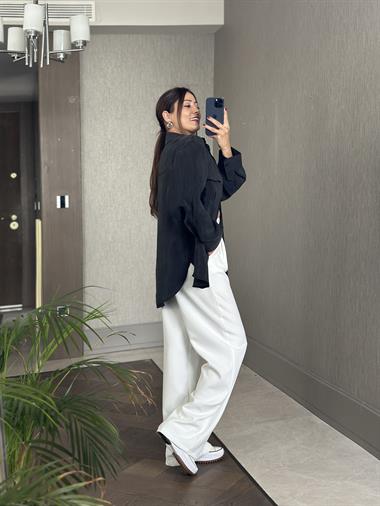 Antrasit Cepleri Kapaklı Uzun Kol Kadın Saten Gömlek