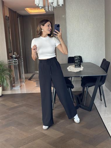 Siyah Cepli Bağcıklı Arka Beli Lastikli Atlas Kumaş Kadın Palazzo Pantolon