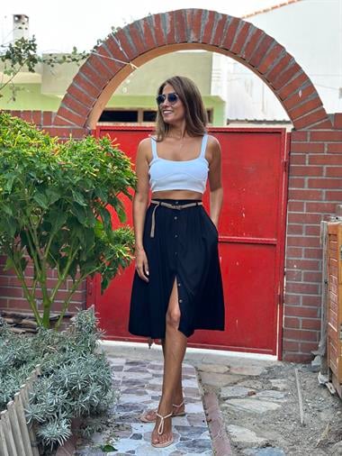 Siyah Cepli Kemerli Arka Bel Lastikli Midi Boy Kadın Etek