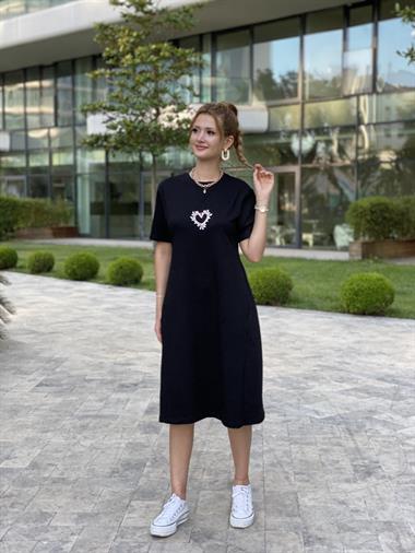 Siyah Cepli Taş Kalpli Basic Midi Boy Kadın Elbise
