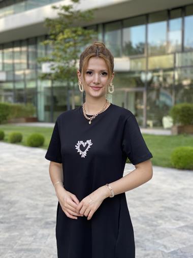 Siyah Cepli Taş Kalpli Basic Midi Boy Kadın Elbise