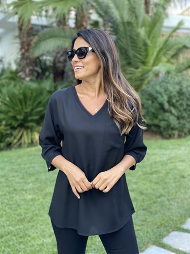 Siyah Cepli V Yaka Sim Detay Kadın Bluz