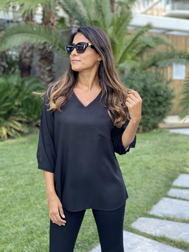 Siyah Cepli V Yaka Sim Detay Kadın Bluz