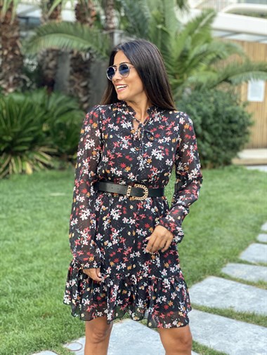 Siyah Çiçek Desen Hakim Yaka Etek Ucu Volanlı Şifon Kadın Elbise Volanlı