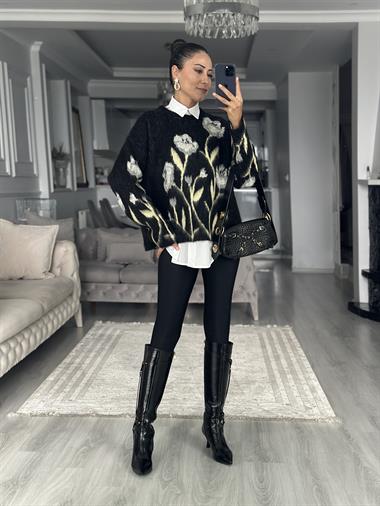Siyah Çiçek Desenli Bisiklet Yaka Kadın Kazak