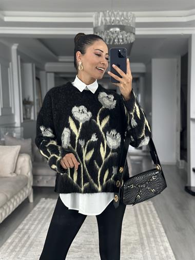 Siyah Çiçek Desenli Bisiklet Yaka Kadın Kazak