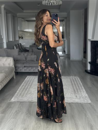 Siyah Çiçek Desenli Ön Arka V Yaka Maksi Boy Şifon Kadın Elbise 