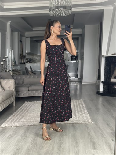 Siyah Çiçekli Kalın Askılı Arkadan Bağlamalı Füsun Midi Boy Kadın Elbise 