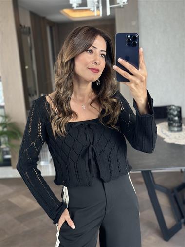 Siyah Çift Bağcıklı Crop Kadın Hırka
