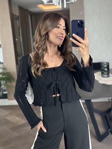Siyah Çift Bağcıklı Crop Kadın Hırka