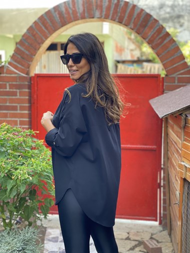 Siyah Çift Cepli Flam Keten Kadın Gömlek