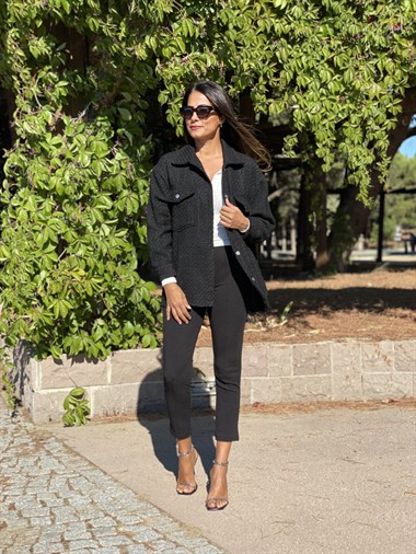 Siyah Çift Cepli Şönil Gabardin Kadın Gömlek