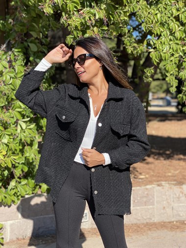 Siyah Çift Cepli Şönil Gabardin Kadın Gömlek