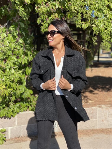 Siyah Çift Cepli Şönil Gabardin Kadın Gömlek