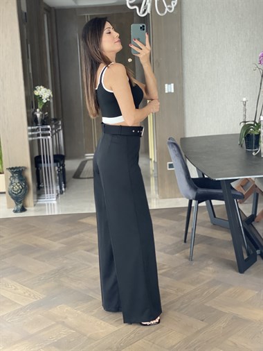 Siyah Çift Düğmeli Kemerli Atlas Pantolon