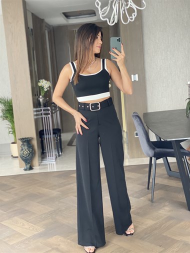 Siyah Çift Düğmeli Kemerli Atlas Pantolon