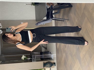 Siyah Çift Düğmeli Kemerli Atlas Pantolon