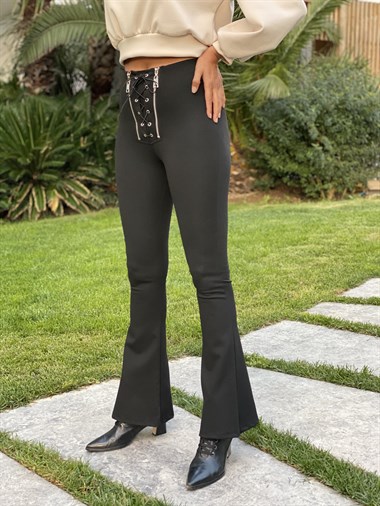 Siyah Çift Fermuarlı Bağcık Detay İspanyol Paça Kadın Tayt Pantolon