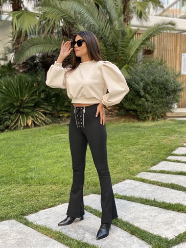 Siyah Çift Fermuarlı Bağcık Detay İspanyol Paça Kadın Tayt Pantolon