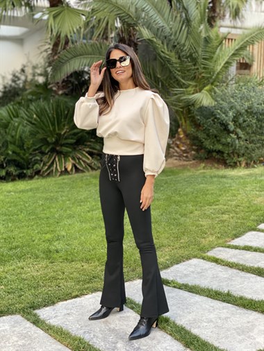 Siyah Çift Fermuarlı Bağcık Detay İspanyol Paça Kadın Tayt Pantolon