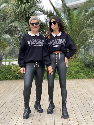 Siyah Çift Fermuarlı Beş Düğme Detaylı Yüksek Bel Mat Deri Kadın Tayt