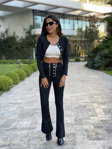 Siyah Çift Fermuarlı Düğmeli İspanyol Paça Çelik Kadın Tay