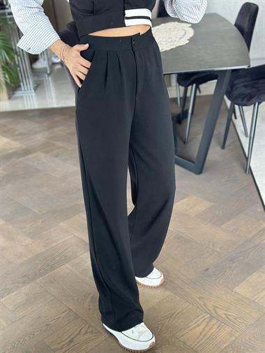 Siyah Çift Pileli  Likralı Krep Palazzo Kadın Pantolon