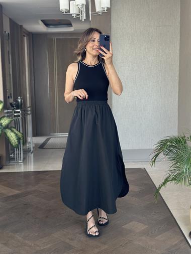 Siyah Çift Yırtmaçlı Üstü Kaşkorse Paraşüt Kadın Maksi Boy Elbise