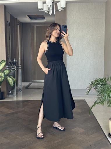 Siyah Çift Yırtmaçlı Üstü Kaşkorse Paraşüt Kadın Maksi Boy Elbise