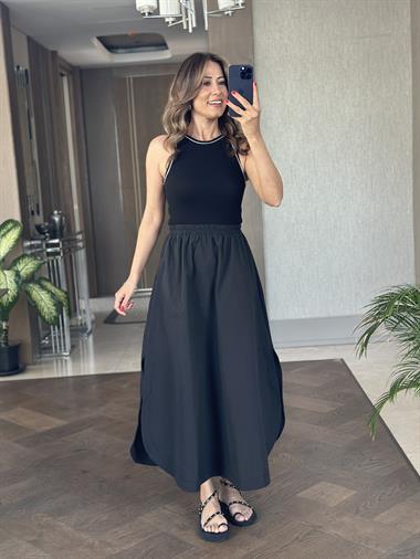 Siyah Çift Yırtmaçlı Üstü Kaşkorse Paraşüt Kadın Maksi Boy Elbise