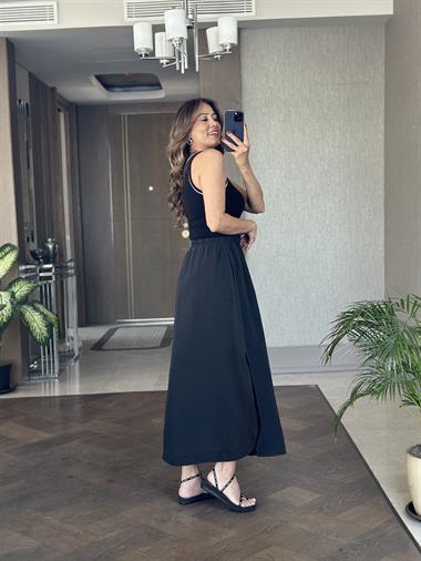 Siyah Çift Yırtmaçlı Üstü Kaşkorse Paraşüt Kadın Maksi Boy Elbise