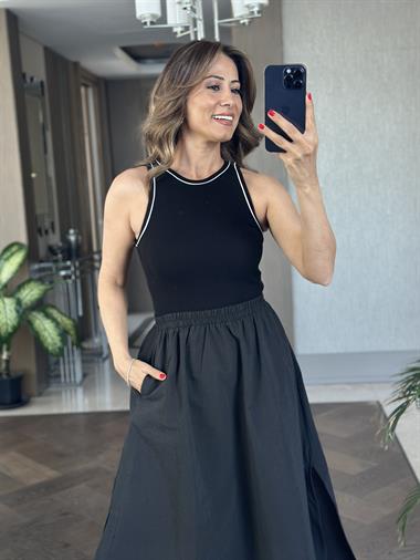 Siyah Çift Yırtmaçlı Üstü Kaşkorse Paraşüt Kadın Maksi Boy Elbise