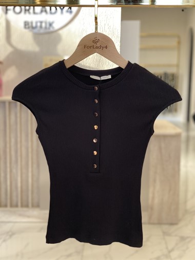 Siyah Çıtçıt Düğmeli Kısa Kollu Top Kadın Body