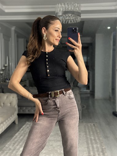 Siyah Çıtçıt Düğmeli Kısa Kollu Top Kadın Body