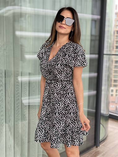 Siyah Çıtır Desen Kruvaze Volanlı Mini Elbise