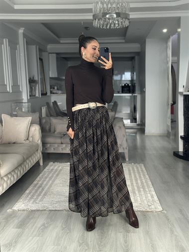 Siyah Çizgi Desenli Midi Boy Kadın Şifon Etek