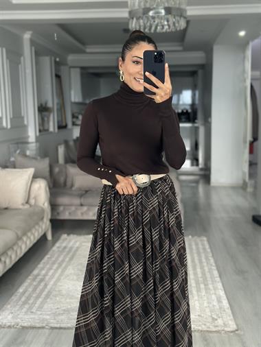 Siyah Çizgi Desenli Midi Boy Kadın Şifon Etek