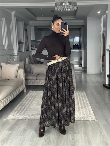 Siyah Çizgi Desenli Midi Boy Kadın Şifon Etek