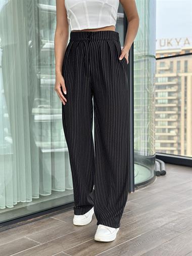 Siyah Çizgili Beli Lastikli Palazzo Krep Kadın Pantolon