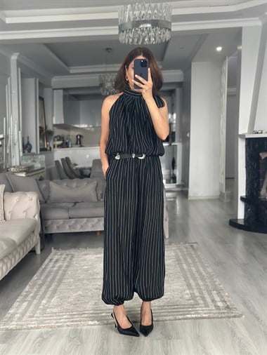 Siyah Çizgili Beli Ve Paçası Lastikli Kadın Pantolon