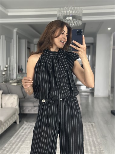 Siyah Çizgili Beli Ve Paçası Lastikli Kadın Pantolon