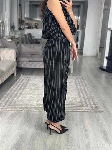 Siyah Çizgili Beli Ve Paçası Lastikli Kadın Pantolon