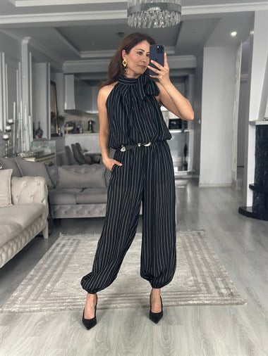Siyah Çizgili Beli Ve Paçası Lastikli Kadın Pantolon