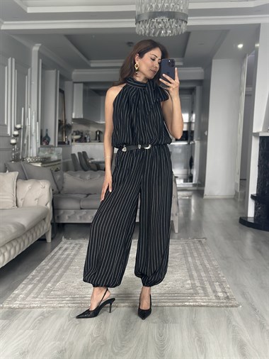 Siyah Çizgili Beli Ve Paçası Lastikli Kadın Pantolon