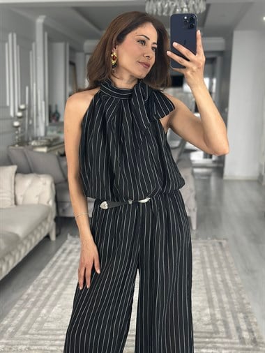 Siyah Çizgili Boyundan Bağlamalı Kadın Bluz
