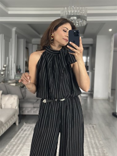 Siyah Çizgili Boyundan Bağlamalı Kadın Bluz