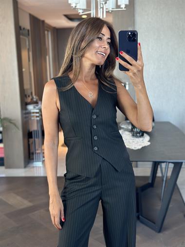 Siyah Çizgili Karol Yelek Pantolon Kadın Maskülen Alt Üst Takım