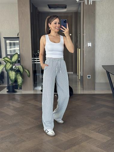 Siyah Çizgili Melanj Beli Lastikli Kadın Pantolon